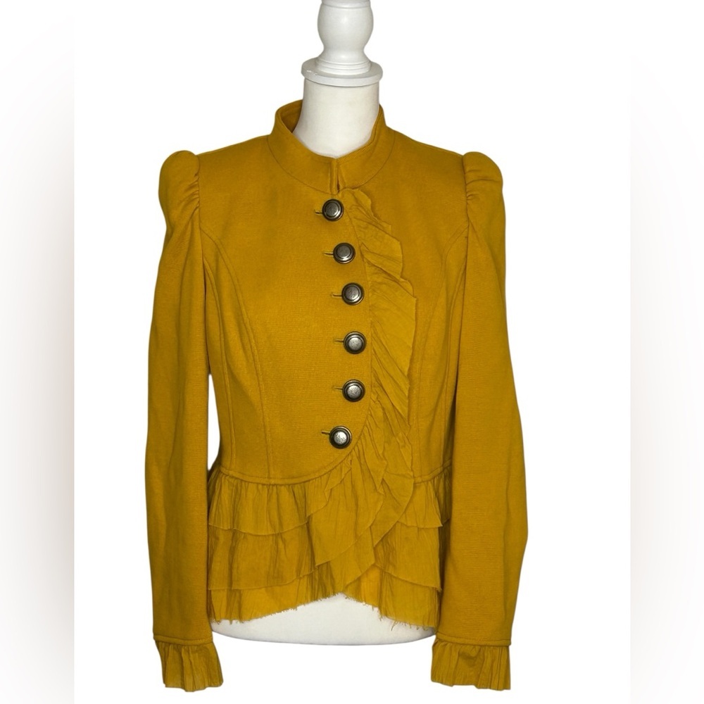 INC International Concepts EUC Mustard Peplum Ruffle Blazer Sz L boho Ren Faire